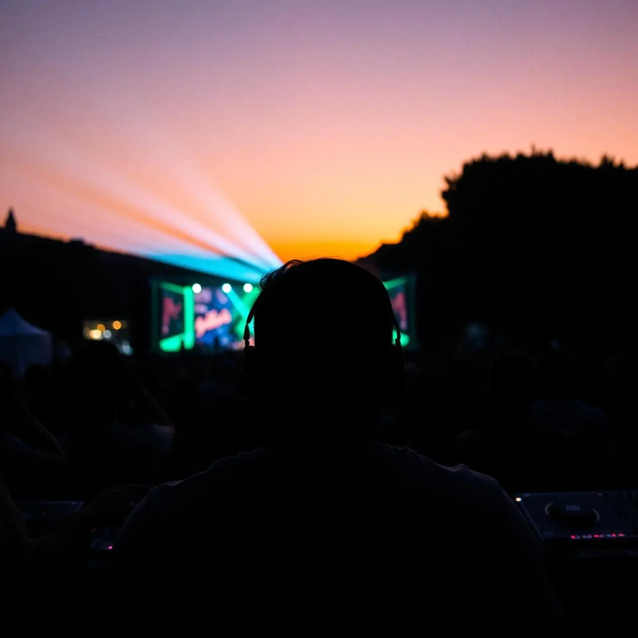 DJ silueta frente al público al atardecer